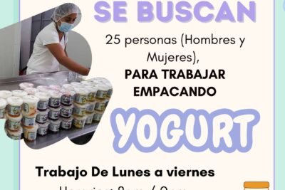 SE REQUIERE PERSONAL CON O SIN EXPERIENCIA PARA EMPACAR YOGURT